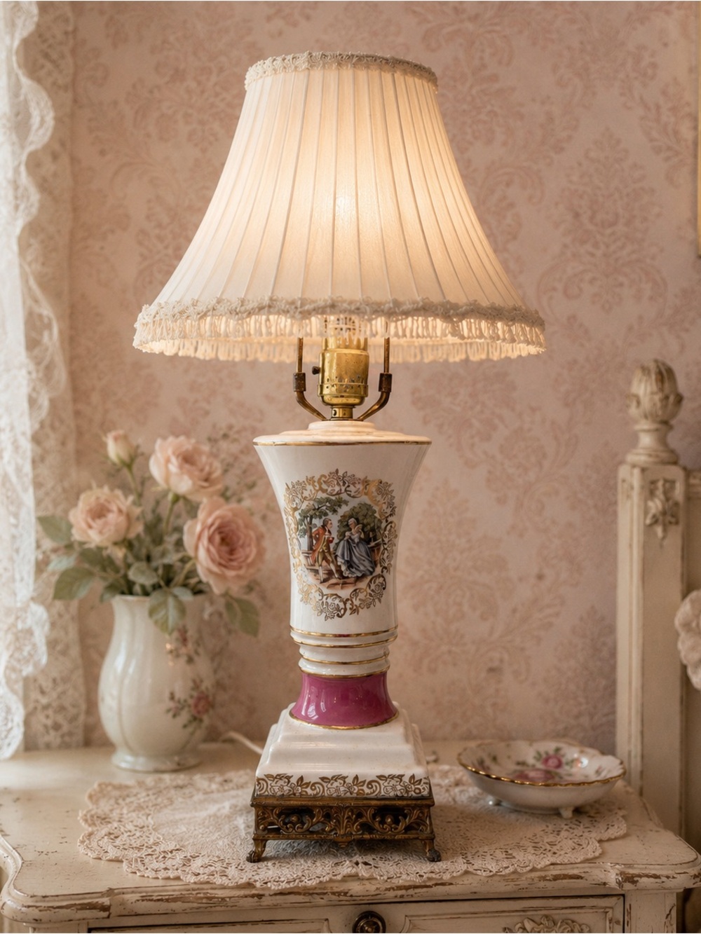 Vintage Porcelain Table Lamp Pink Gold Courting Couple Victorian Boudoir Accent
